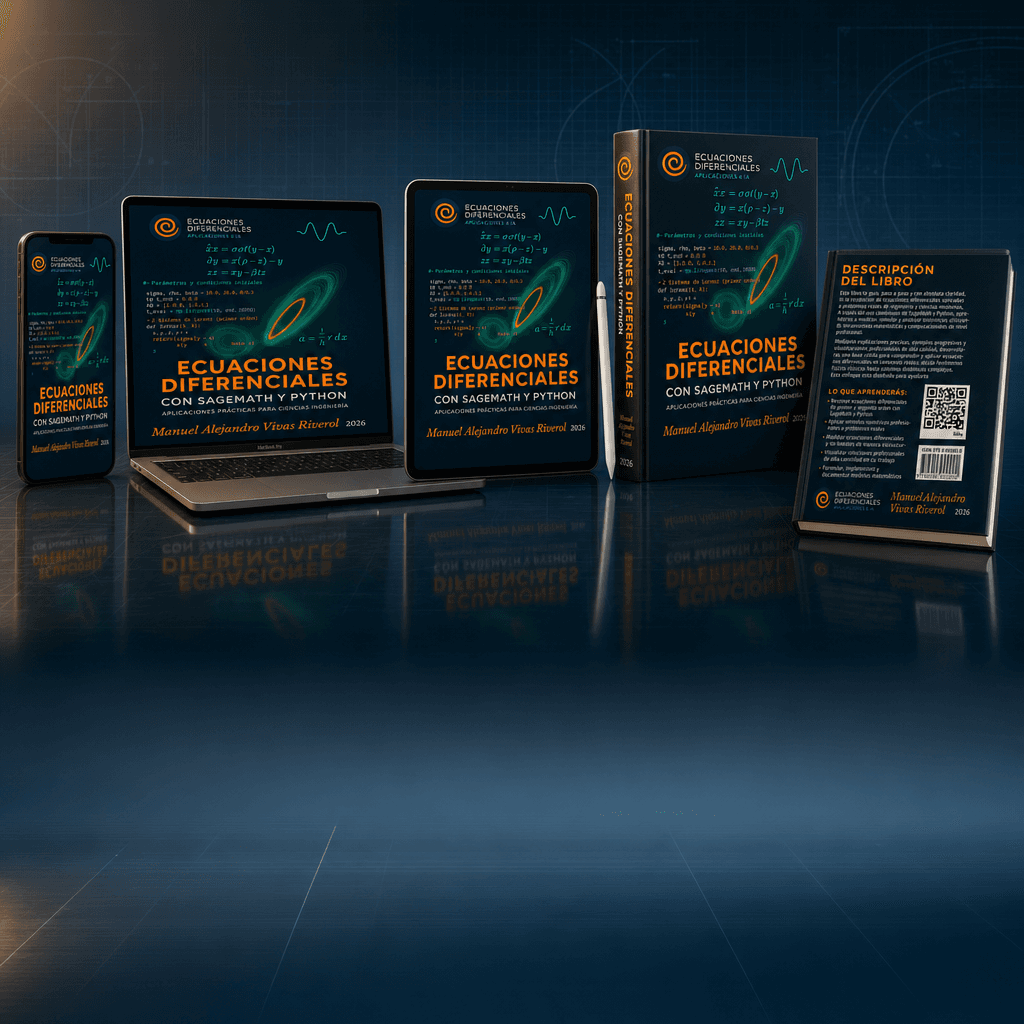 Mockup multi-device del ebook Ecuaciones Diferenciales: iPhone, MacBook, iPad, libro físico con portada y libro con contraportada (QR + barcode) · todos mostrando el mismo cover · Edición 2026