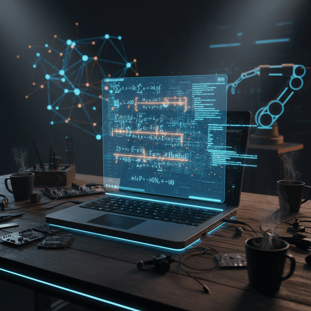Kit Copilot IA: laptop con código Python autocompletado y red neuronal holográfica · asistente entrenado para ingeniería