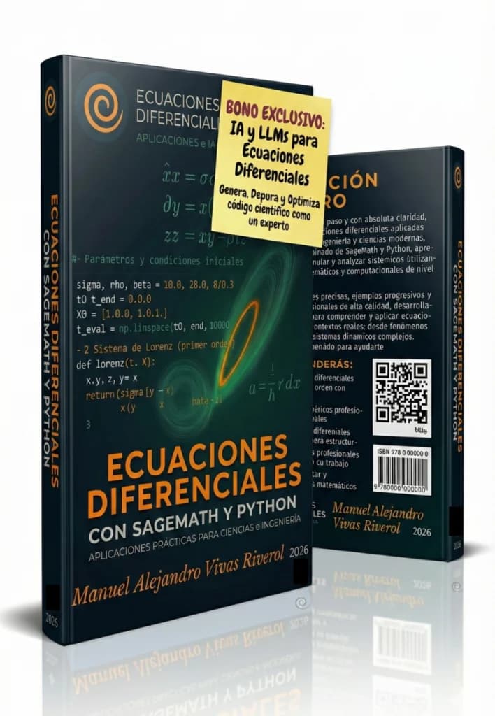 Mockup del libro Ecuaciones Diferenciales con SageMath y Python · portada individual vertical · mismo mockup de la sección de compra de la landing