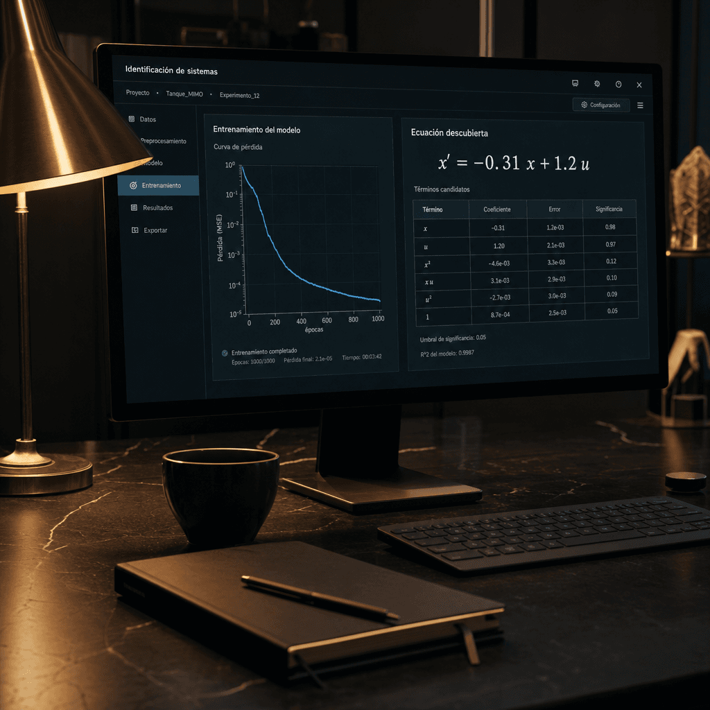 Software de identificación de sistemas en español mostrando la curva de entrenamiento y la ecuación diferencial descubierta desde datos