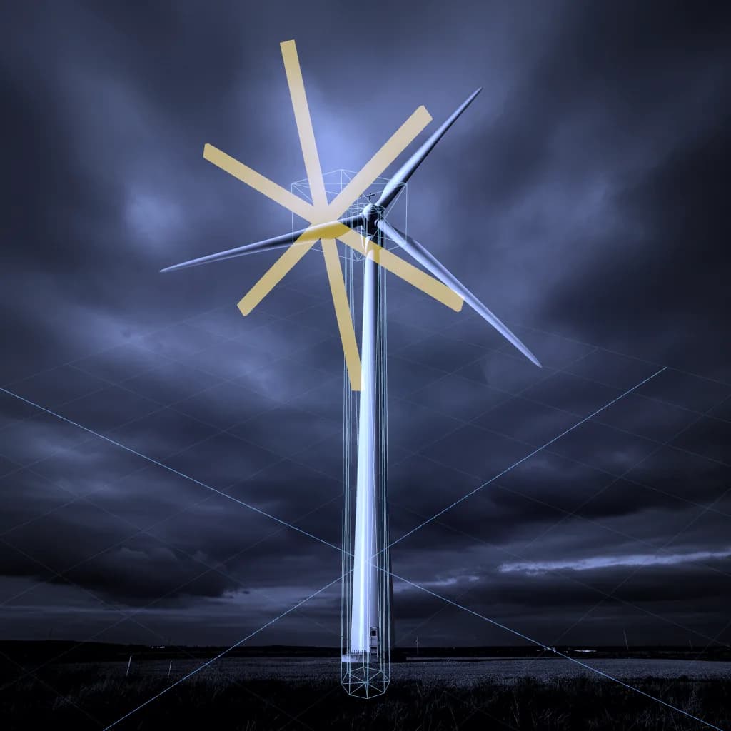 Turbina eólica real con su gemelo digital superpuesto