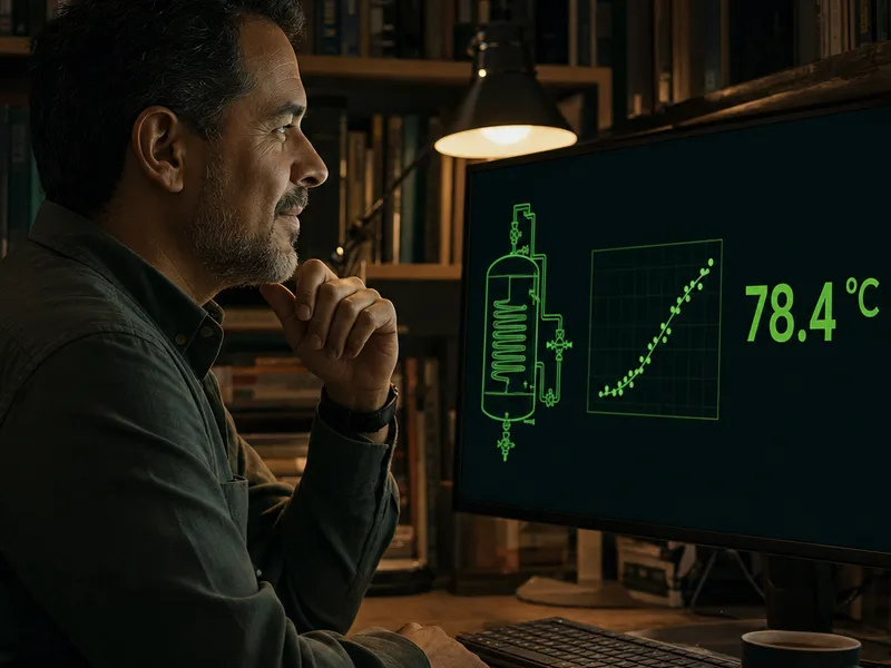 Ingeniero estudiando de noche, su simulación corriendo en la laptop