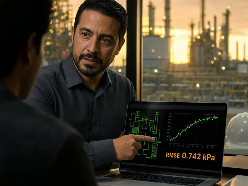 Consultor mostrando a un cliente la curva del modelo sobre los datos medidos