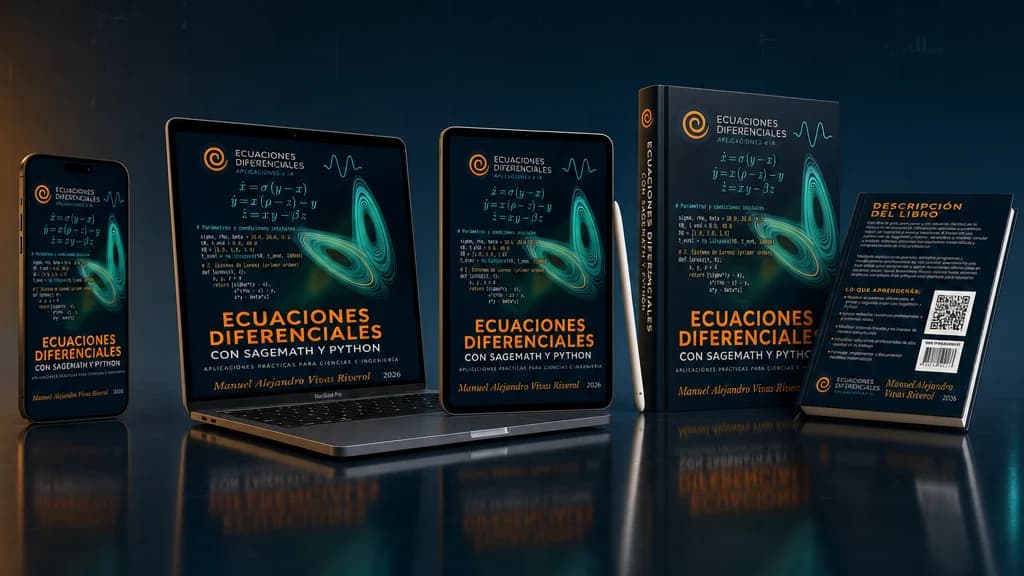 Ebook Ecuaciones Diferenciales con SageMath y Python en iPhone, MacBook, iPad y libro físico con contraportada