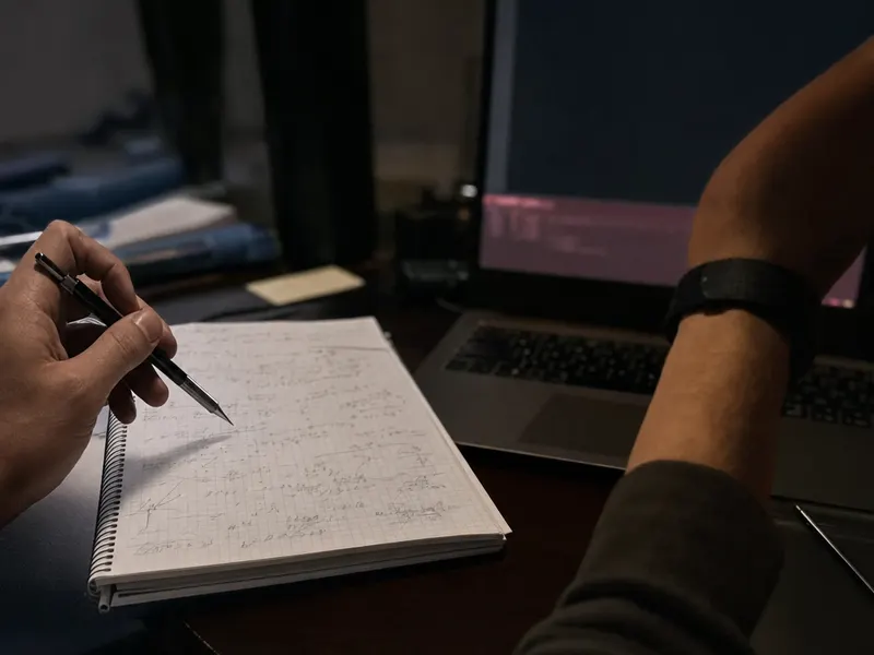 Cuaderno con ecuaciones resueltas a lápiz junto a una pantalla con código bloqueado