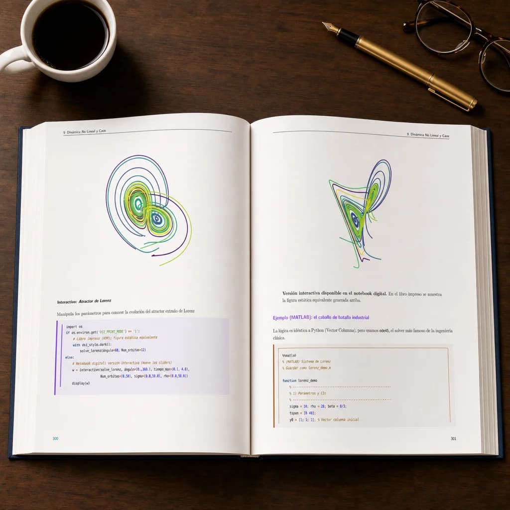Ebook abierto con código SageMath, café, lentes y notas matemáticas