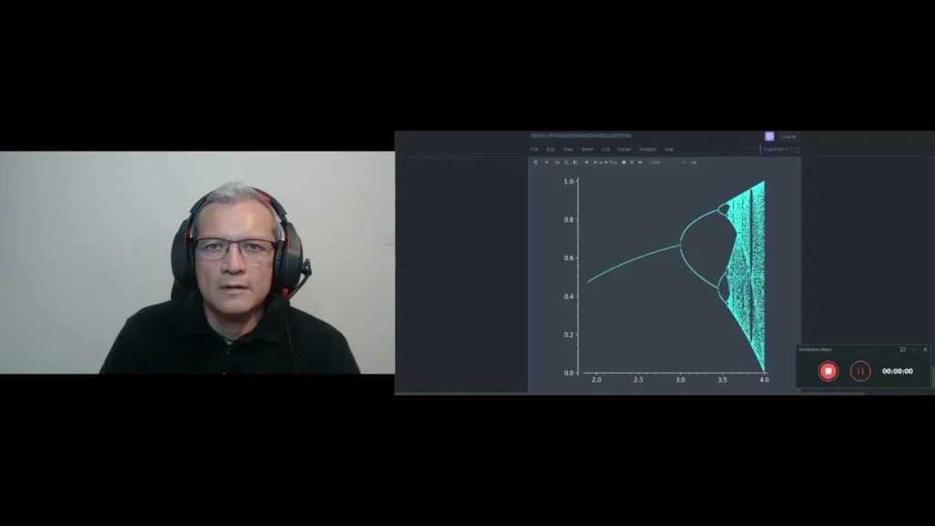 Manuel impartiendo una clase en vivo, con el diagrama de bifurcación en pantalla