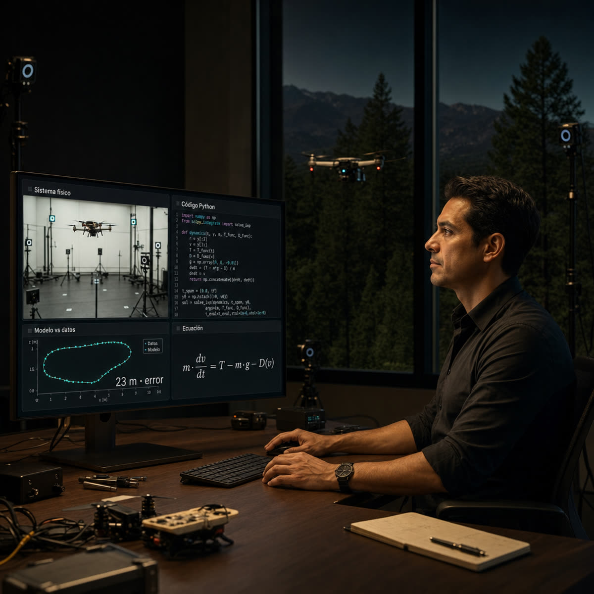 Ingeniero frente a su monitor: el dron volando, el código, la curva modelo-vs-datos y la ecuación del vuelo