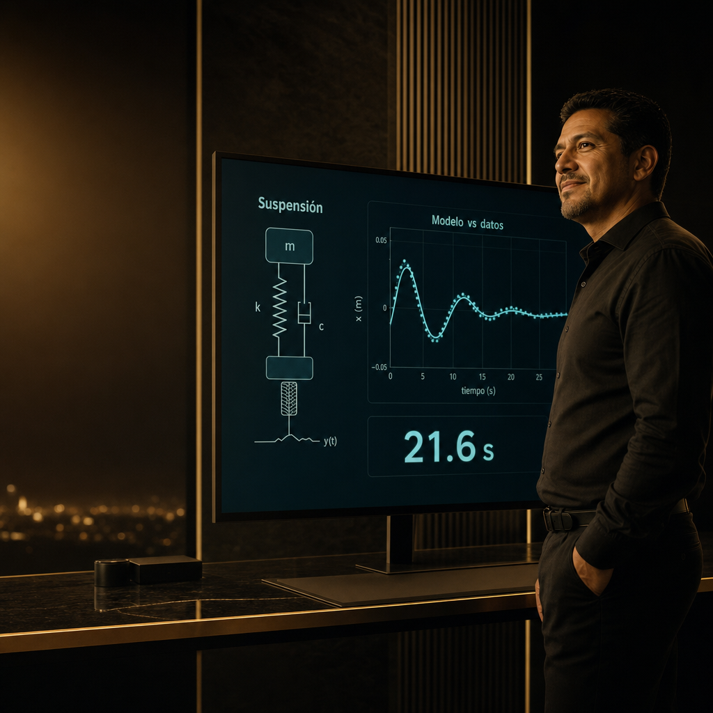 Ingeniero junto a su modelo de suspensión: diagrama, gráfica modelo-vs-datos y constante de tiempo calibrada