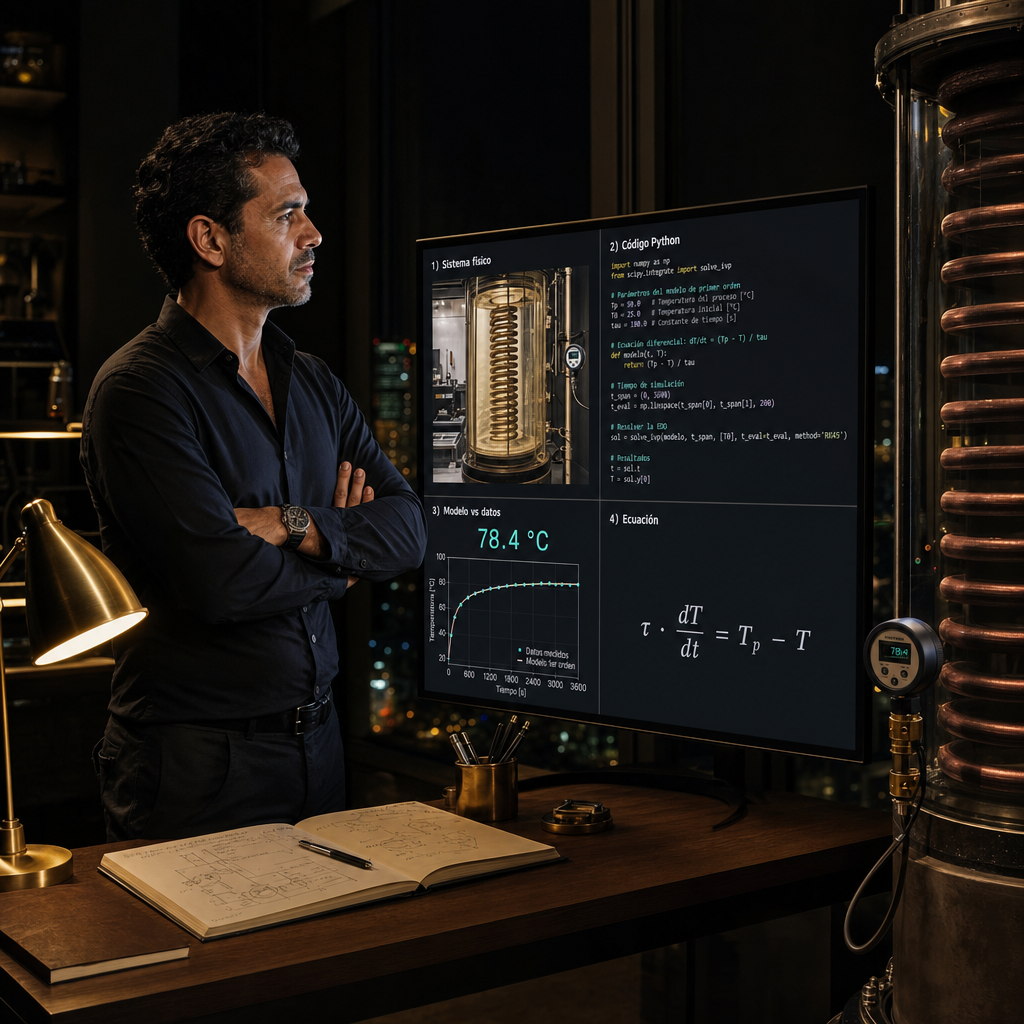 Ingeniero frente a su gemelo digital calibrado: el esquema de su tanque, la curva del modelo encajando en sus datos y la temperatura en 78.4 grados