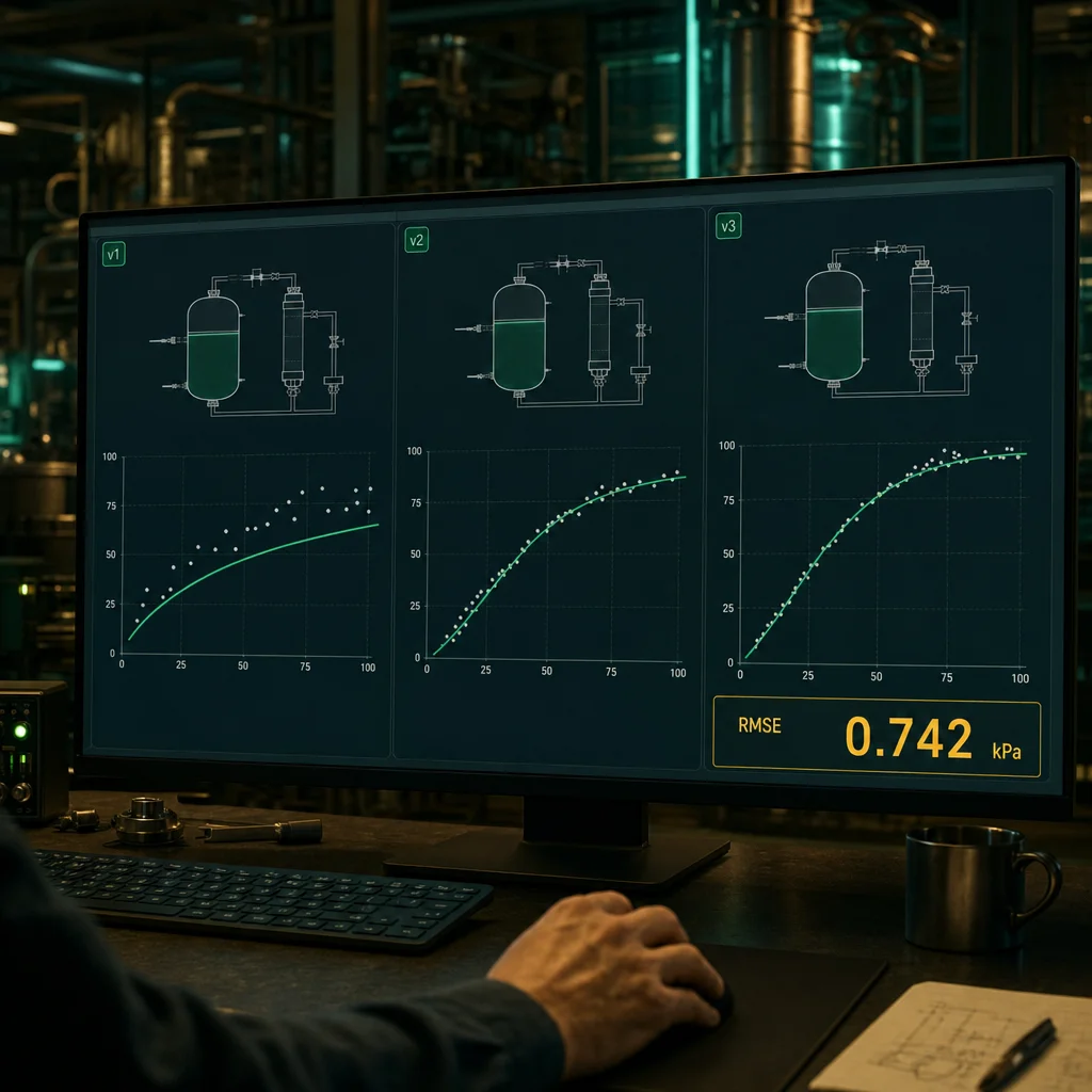 La historia de la calibración: el mismo gemelo en tres versiones — v1 con la curva desviada de los datos, v2 acercándose y v3 encajando perfecto con RMSE de 0.742 kPa