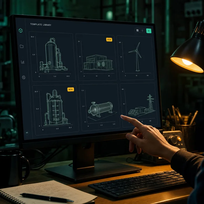 Biblioteca de plantillas del Lab en pantalla: tanque, edificio, turbina, reactor e intercambiador, dos marcadas como nuevas