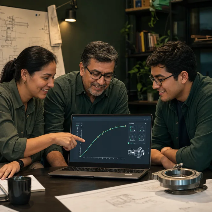 Tres ingenieros de distintas edades discutiendo juntos el gemelo de uno de ellos en una laptop
